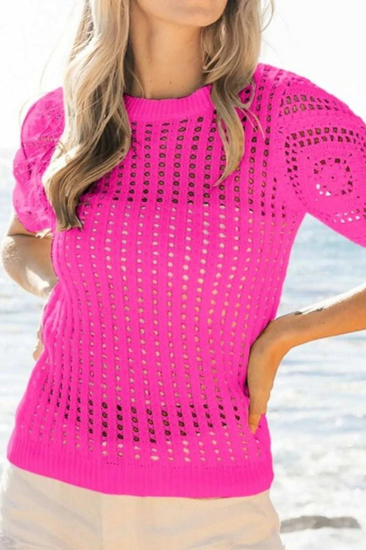 BiBi Crochet Lace Top With Puff Sleeves - Trendsi - Flyclothing LLC