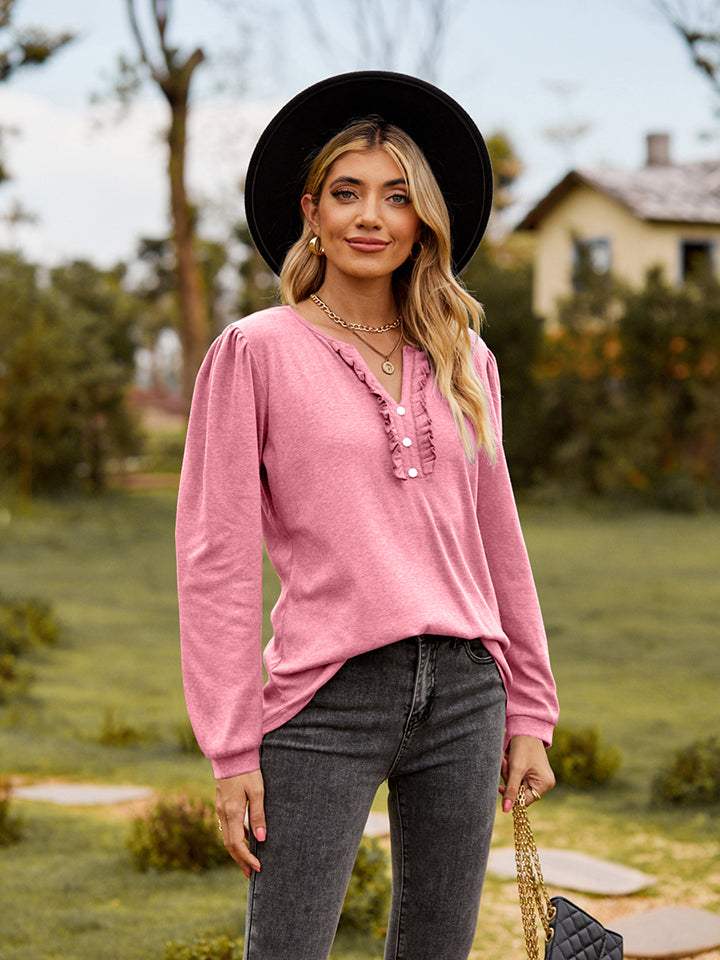 Puff Sleeve Ruffle Trim Blouse - Trendsi - Flyclothing LLC