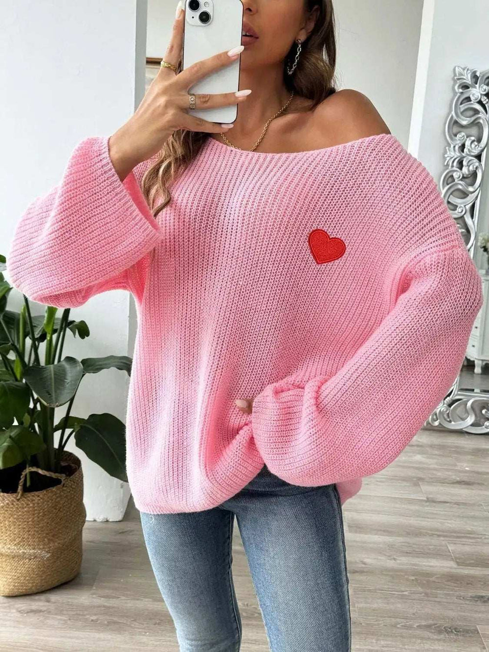 Heart Boat Neck Dropped Shoulder Sweater - Trendsi - Flyclothing LLC