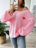 Heart Boat Neck Dropped Shoulder Sweater - Trendsi - Flyclothing LLC