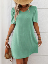 Textured Round Neck Short Sleeve Mini Dress - Trendsi - Flyclothing LLC