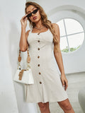 Button Up Square Neck Wide Strap Dress - Trendsi