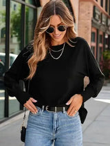 Round Neck Smocked Lantern Sleeve T-Shirt - Trendsi - Flyclothing LLC