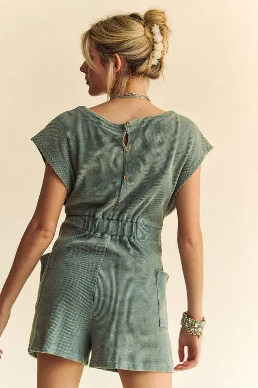 Davi & Dani Acid-Washed Waffle Knit Cuffed Sleeves Romper - Trendsi - Flyclothing LLC