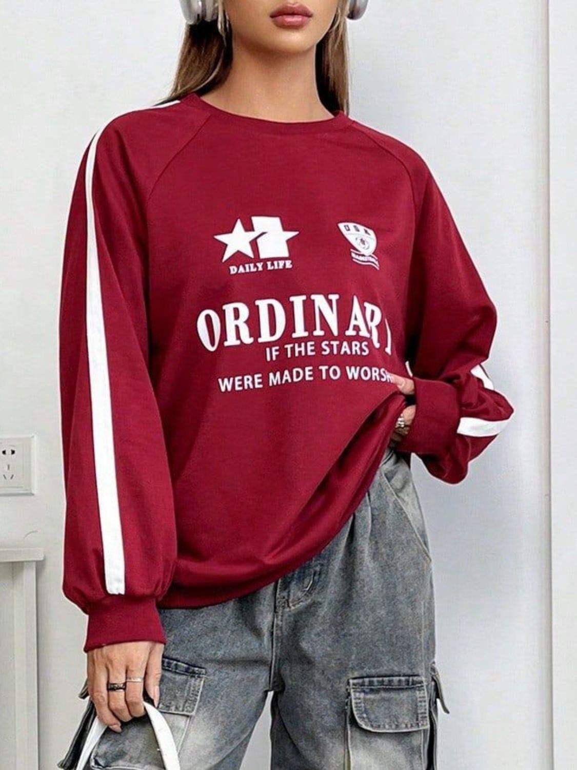 Letter Graphic Round Neck Long Sleeve Sweatshirt - Trendsi - Flyclothing LLC