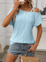 Eyelet Asymmetrical Shoulder Short Sleeve T-Shirt - Trendsi - Flyclothing LLC