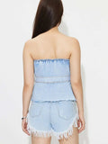 Buttoned Raw Hem Tube Denim Top - Trendsi - Flyclothing LLC