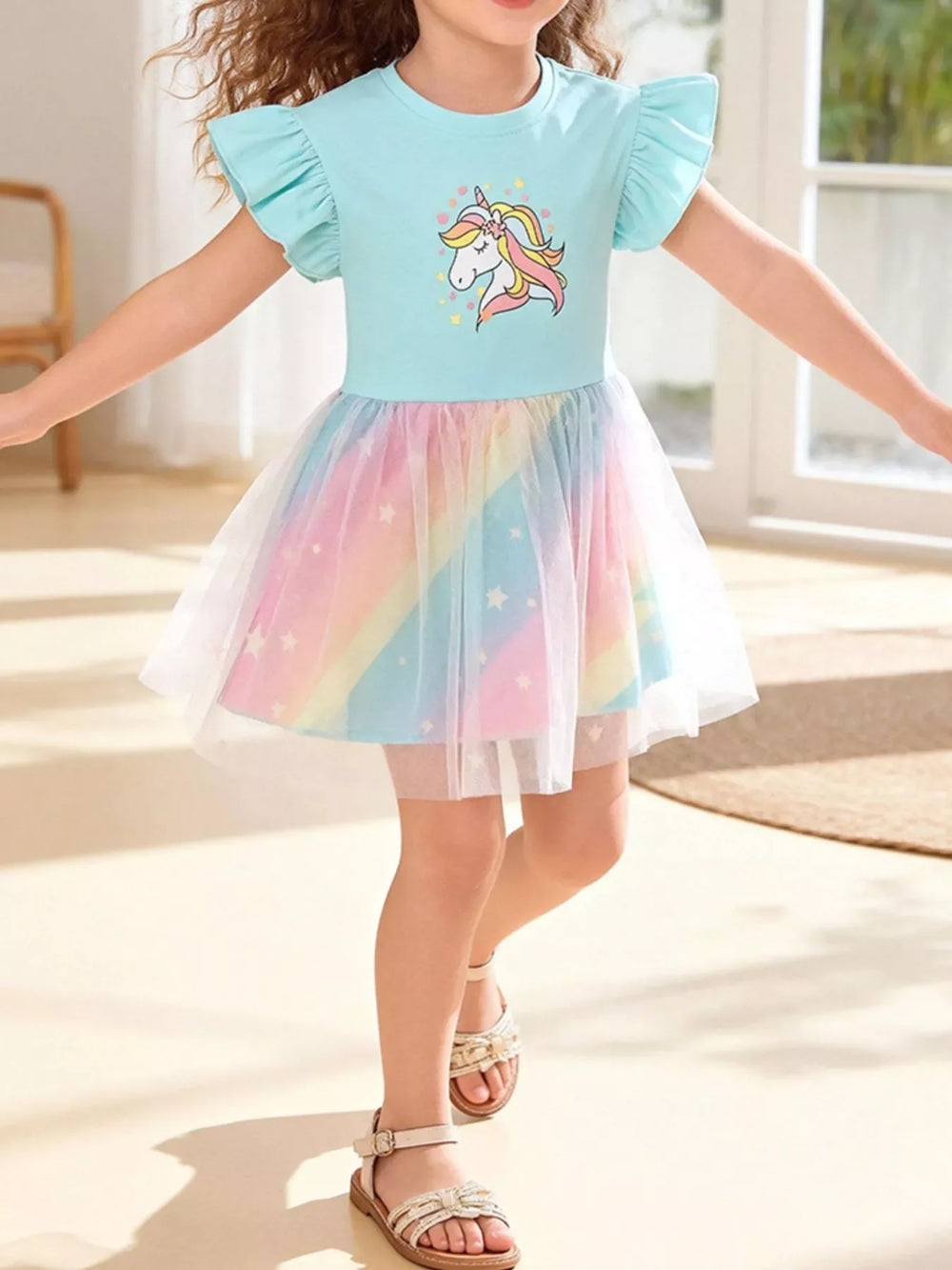 Children's Unicorn Graphic Rainbow Tulle Layered Dress - Trendsi - Flyclothing LLC