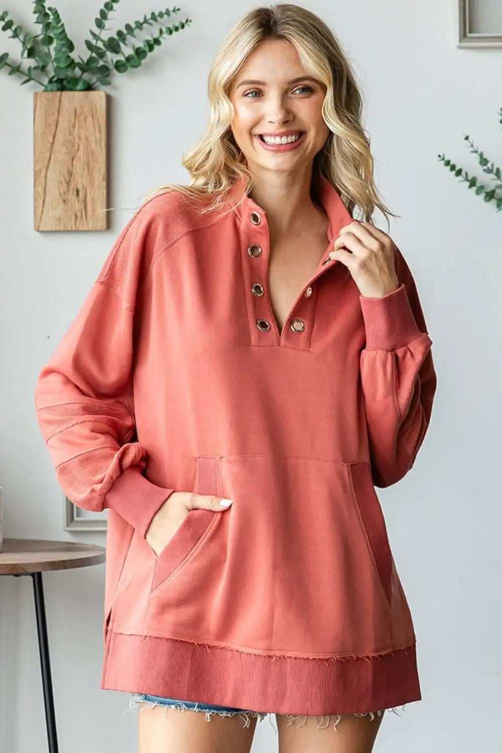First Love Grommet Split Neck Kangaroo Pocket Sweatshirt - Trendsi - Flyclothing LLC