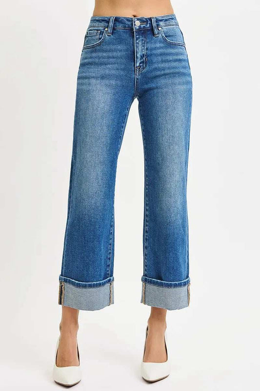 RISEN Full Size Mid Rise Crop Straight Cuffed Jeans Plus Size - Trendsi - Flyclothing LLC