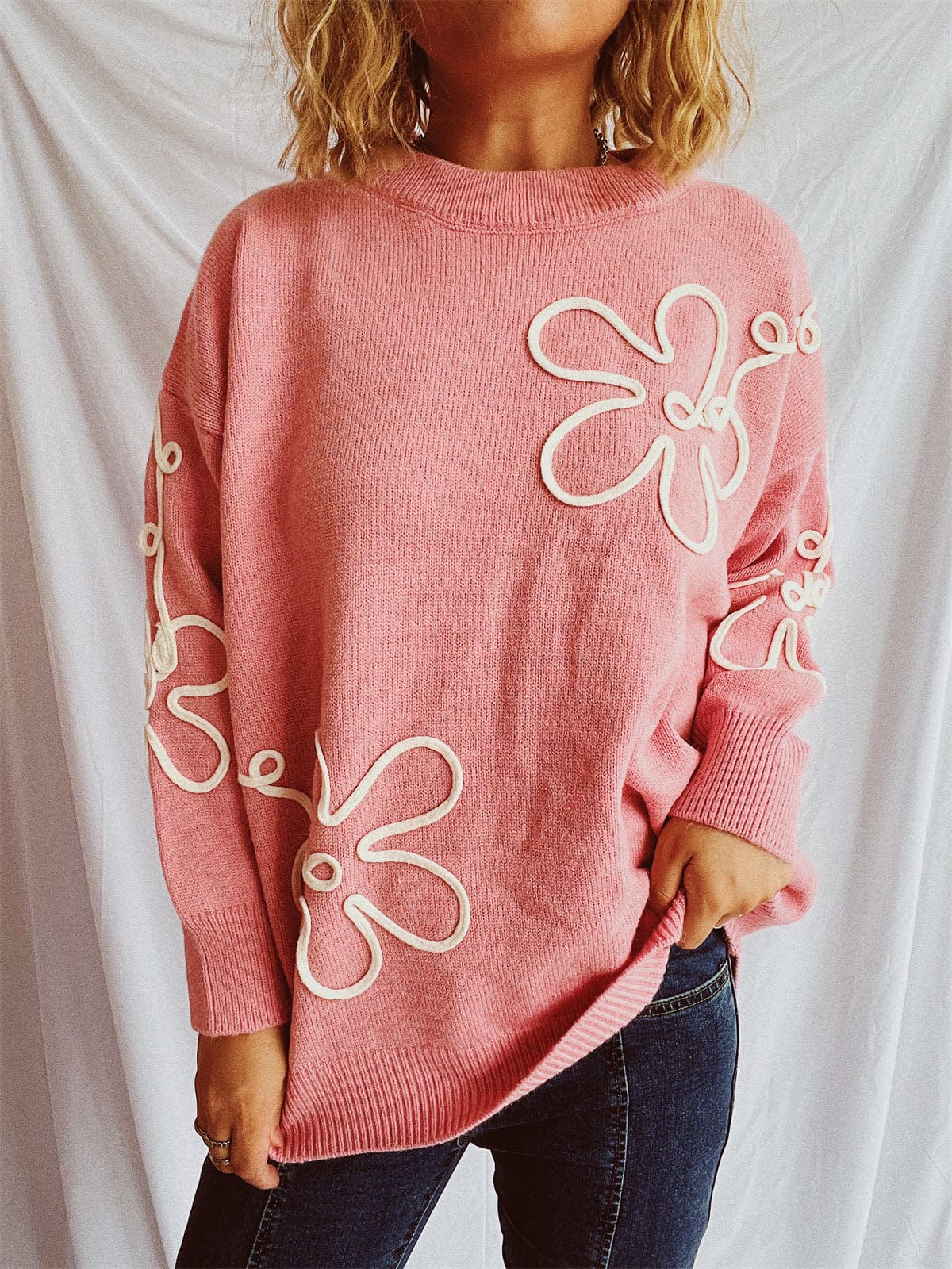 Flower Round Neck Long Sleeve Sweater - Trendsi