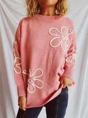 Flower Round Neck Long Sleeve Sweater - Trendsi
