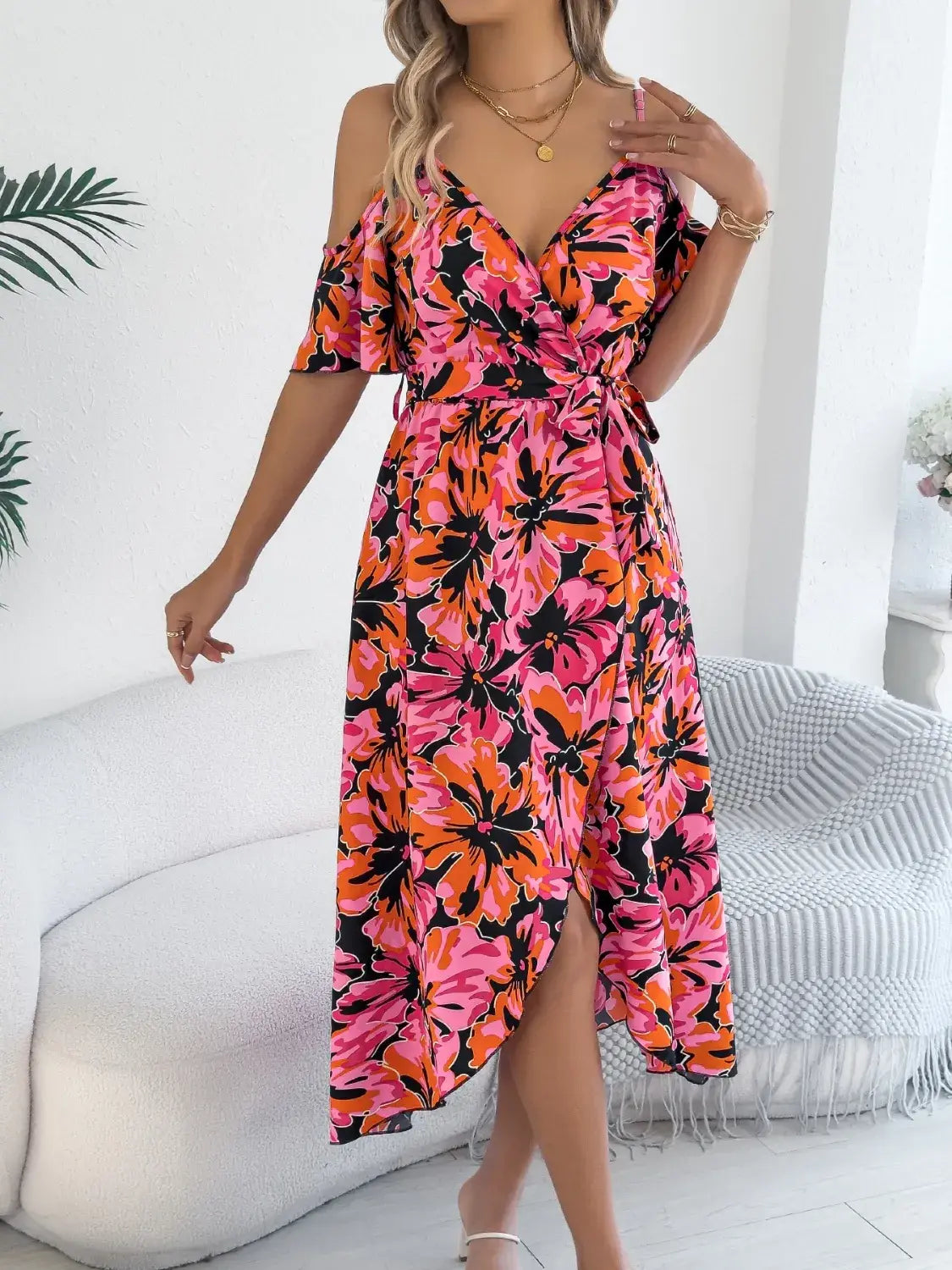 Printed Cold Shoulder Midi Cami Dress - Trendsi - Flyclothing LLC
