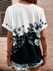 Full Size Printed Notched Short Sleeve Blouse - Trendsi