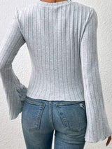 Ribbed Round Neck Flare Sleeve T-Shirt - Trendsi - Flyclothing LLC
