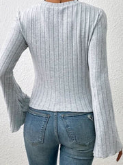 Ribbed Round Neck Flare Sleeve T-Shirt - Trendsi