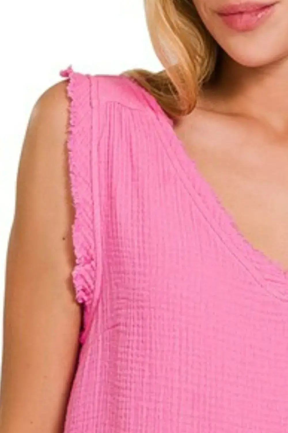 Zenana Double Gauze Raw Edge V-Neck Tank - Trendsi - Flyclothing LLC