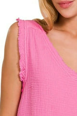 Zenana Double Gauze Raw Edge V-Neck Tank - Trendsi - Flyclothing LLC