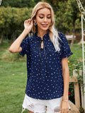 Heart Print Tie Neck Short Sleeve Blouse - Trendsi - Flyclothing LLC