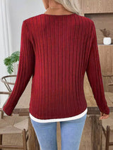 Ribbed Knit Long Sleeve Fake Two-Piece T-Shirt - Trendsi - Flyclothing LLC