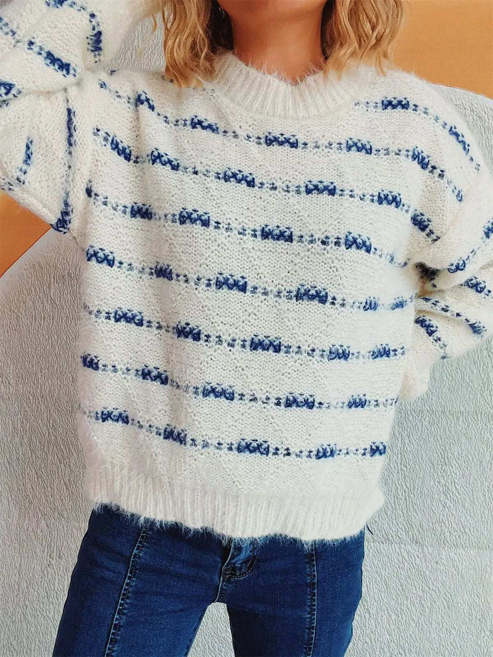 Striped Round Neck Long Sleeve Sweater - Trendsi - Flyclothing LLC