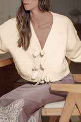 Bowknot Front V Neck Long Sleeve Cardigan - Trendsi - Flyclothing LLC