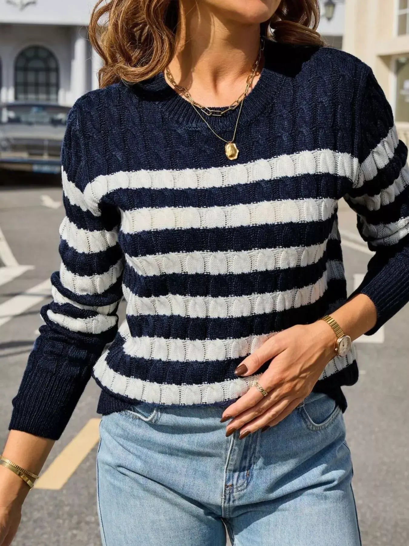 Striped Cable Knit Round Neck Sweater - Trendsi - Flyclothing LLC
