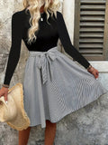 Tied Striped Round Neck Long Sleeve  Dress - Trendsi