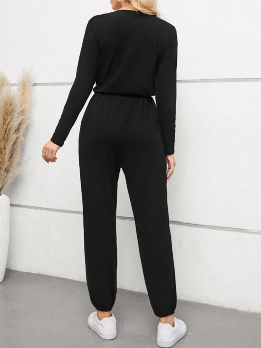 Surplice Tie Waist Long Sleeve Jumpsuit - Trendsi