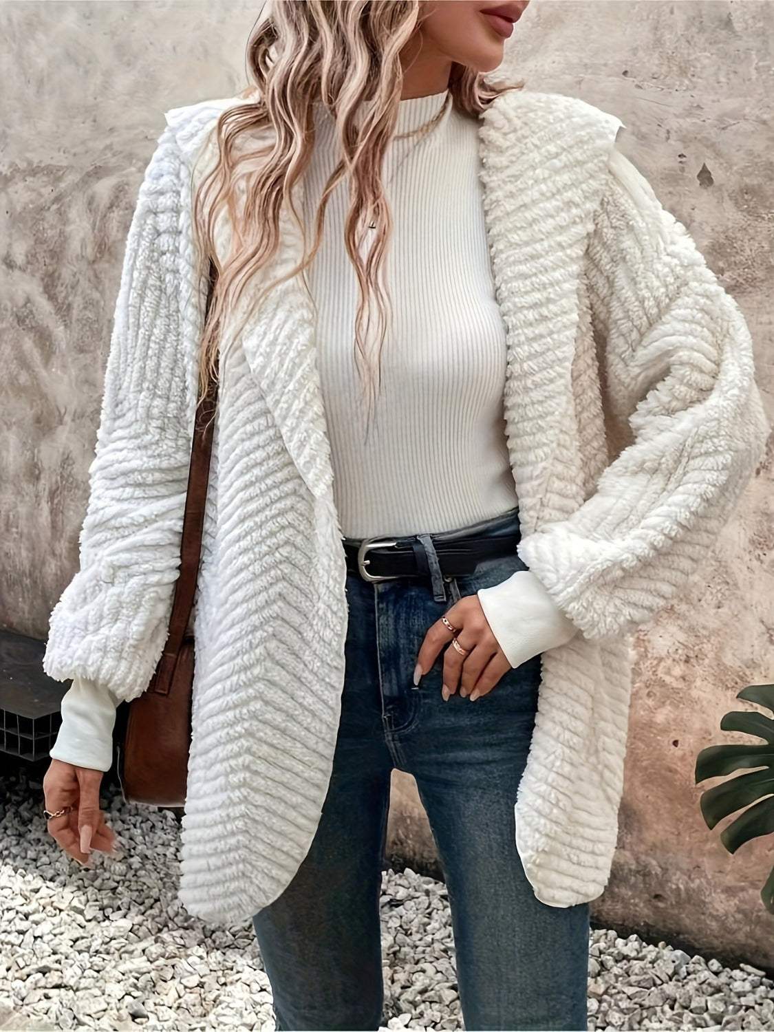 Open Front Long Sleeve Hooded Fuzzy Cardigan - Trendsi - Flyclothing LLC