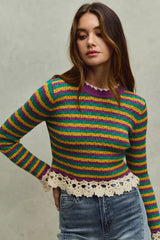 SO ME Mardi Gras Striped Cropped Knit Top with Crochet Edge - Trendsi - Flyclothing LLC