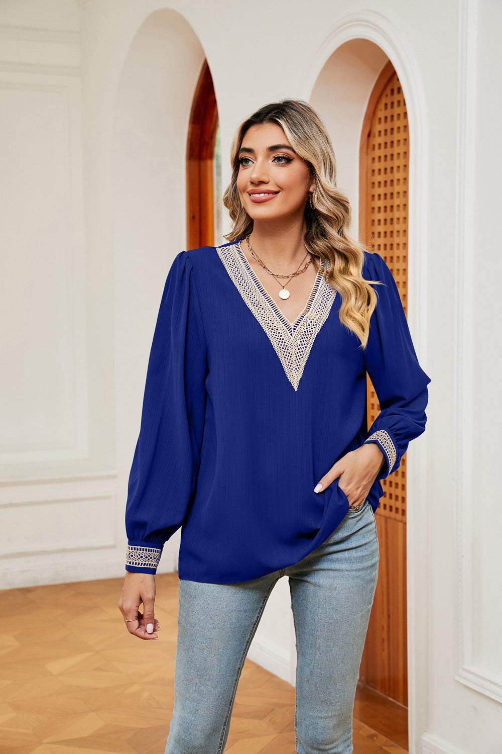 Contrast Puff Sleeve Blouse - Trendsi - Flyclothing LLC