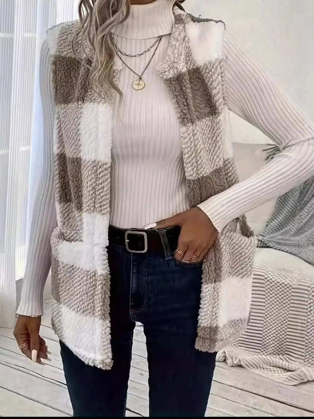 Plaid Open Front Vest Coat - Trendsi - Flyclothing LLC