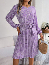 Ditsy Floral Tie Waist Pleated Dress - Trendsi - Flyclothing LLC