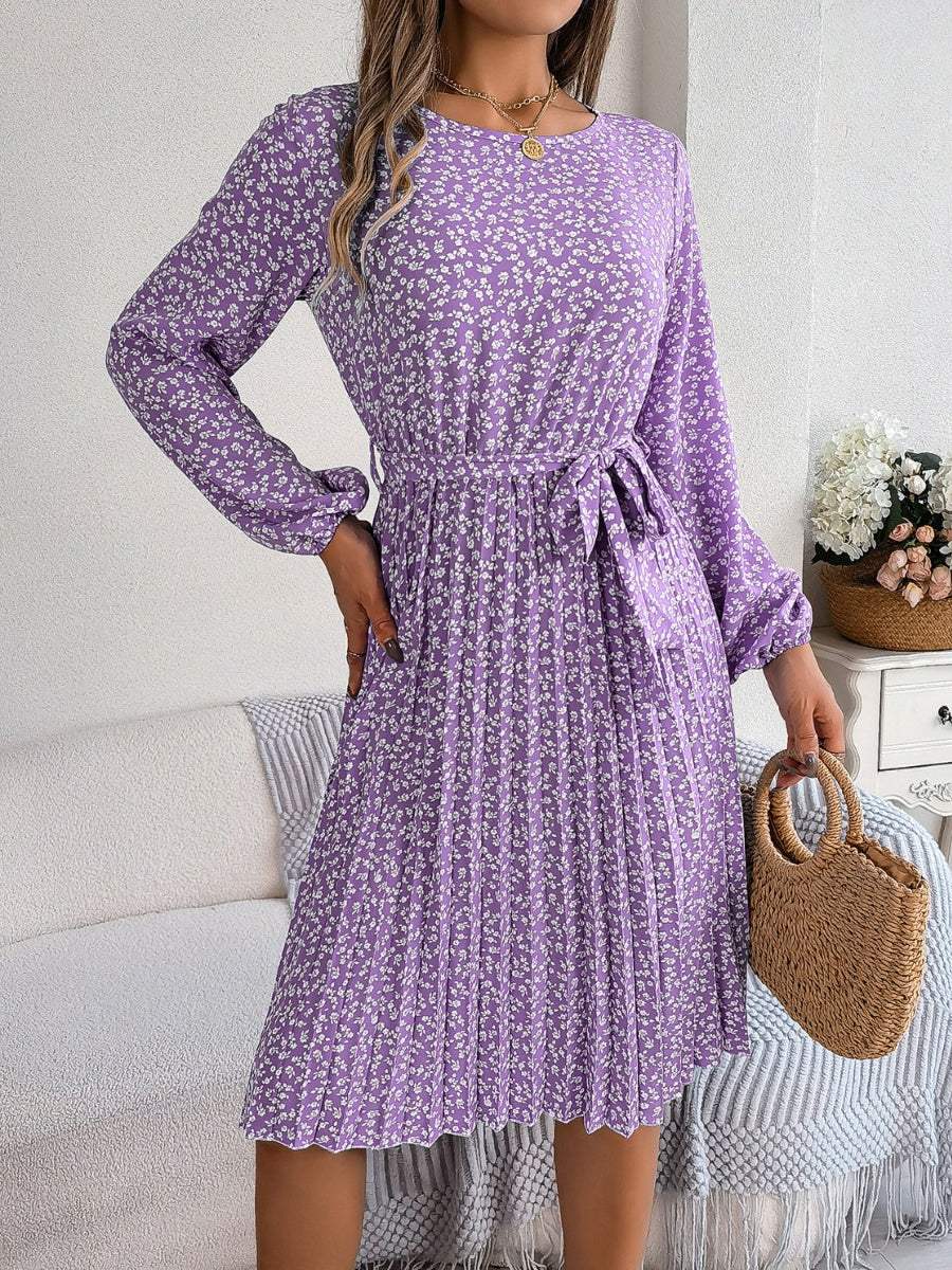 Ditsy Floral Tie Waist Pleated Dress - Trendsi - Flyclothing LLC
