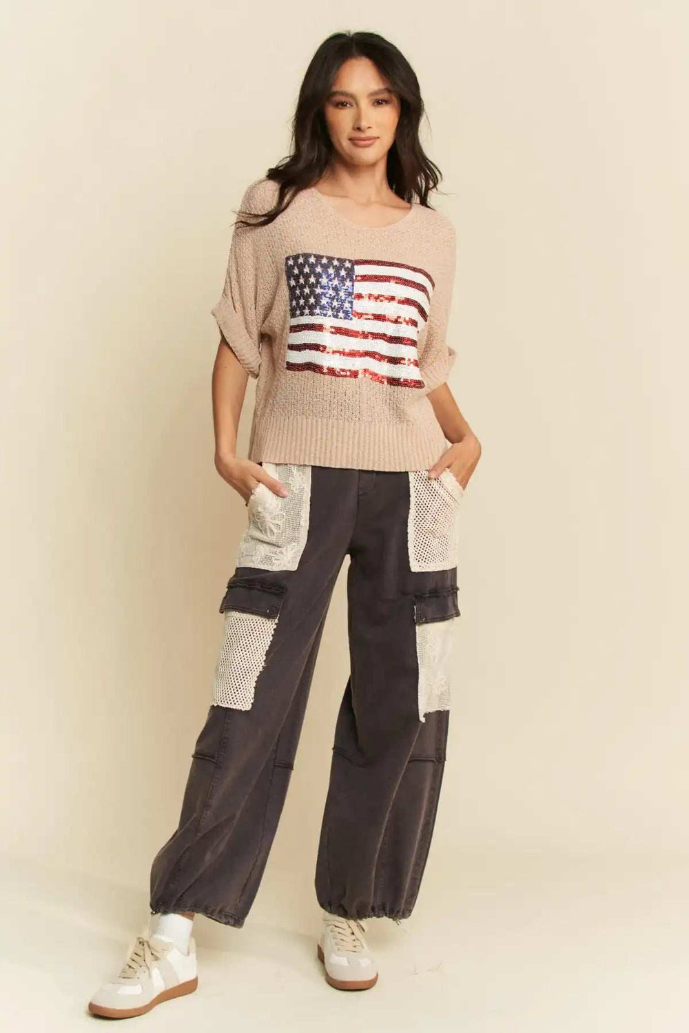 Davi & Dani Sequin American Flag Patch Short Sleeve Knit Top - Trendsi - Flyclothing LLC
