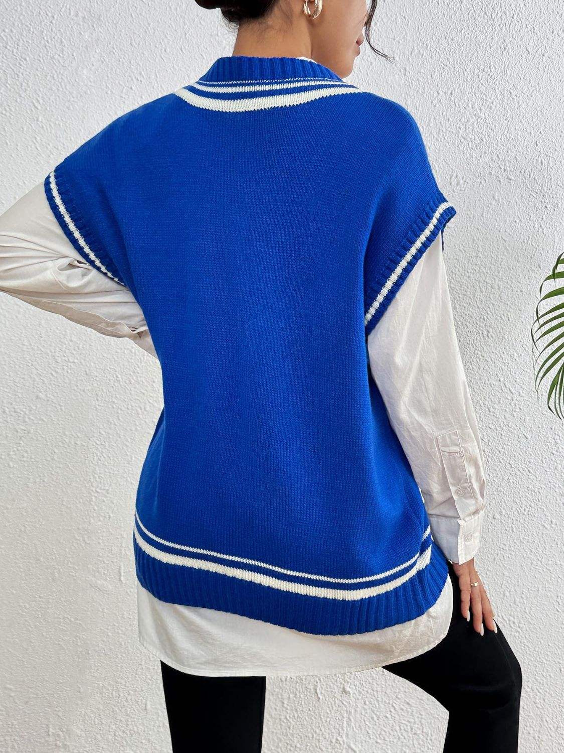 Pearl Trim Contrast V-Neck Sweater Vest - Trendsi - Flyclothing LLC