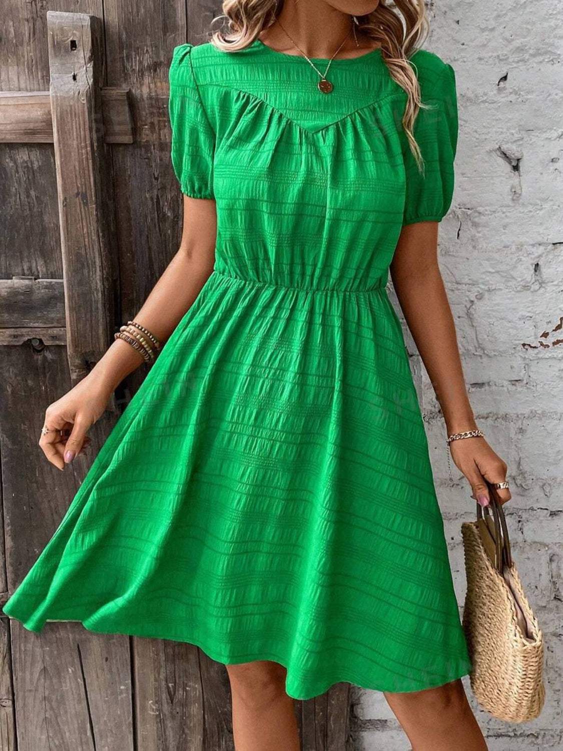 Ruched Round Neck Short Sleeve Mini Dress - Trendsi - Flyclothing LLC