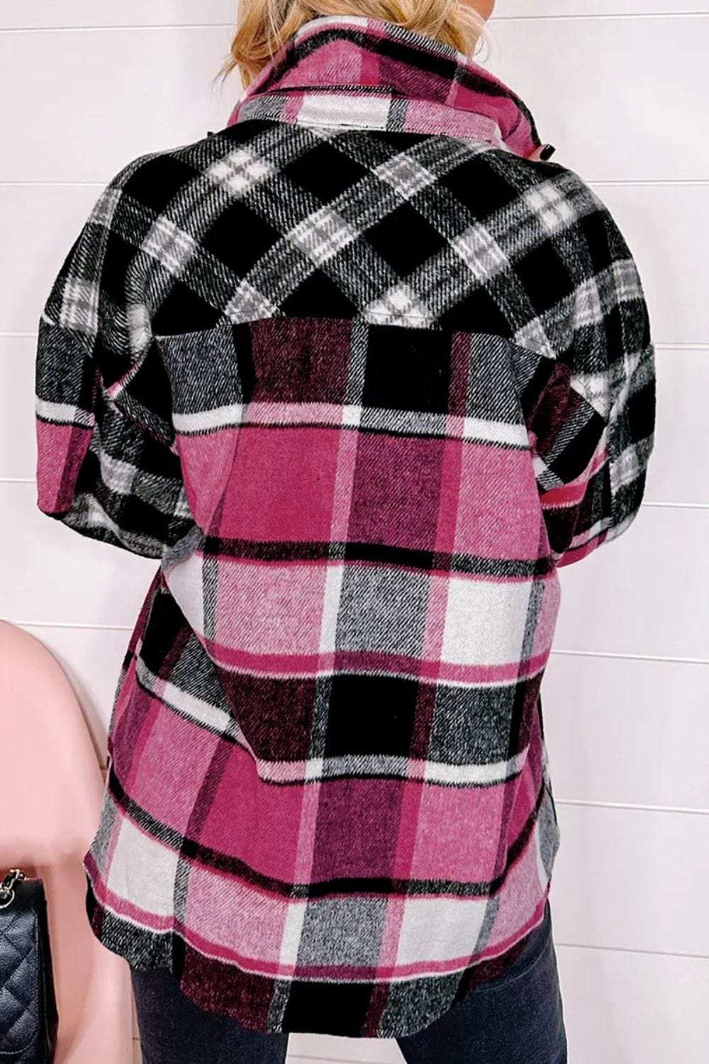Pocketed Plaid Collared Neck Long Sleeve Shacket - Trendsi - Flyclothing LLC