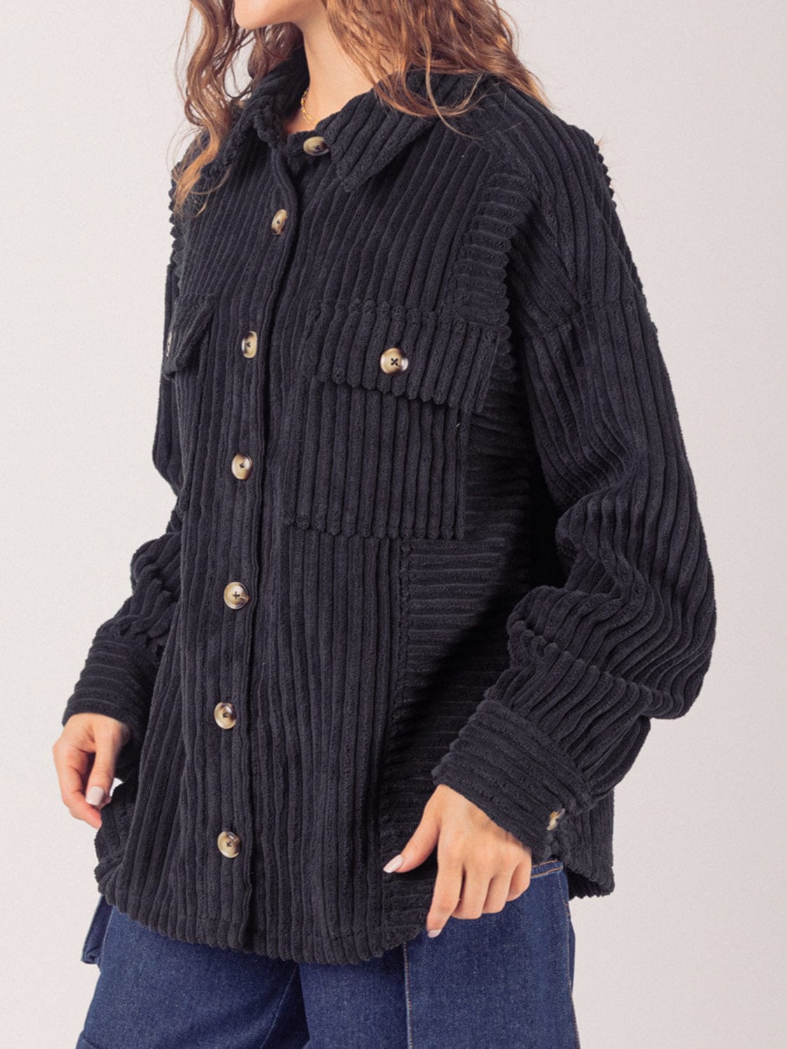 Button Up Long Sleeve Corduroy Jacket - Trendsi