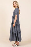 BOMBOM Textured Short Sleeve Tiered Dress - Trendsi