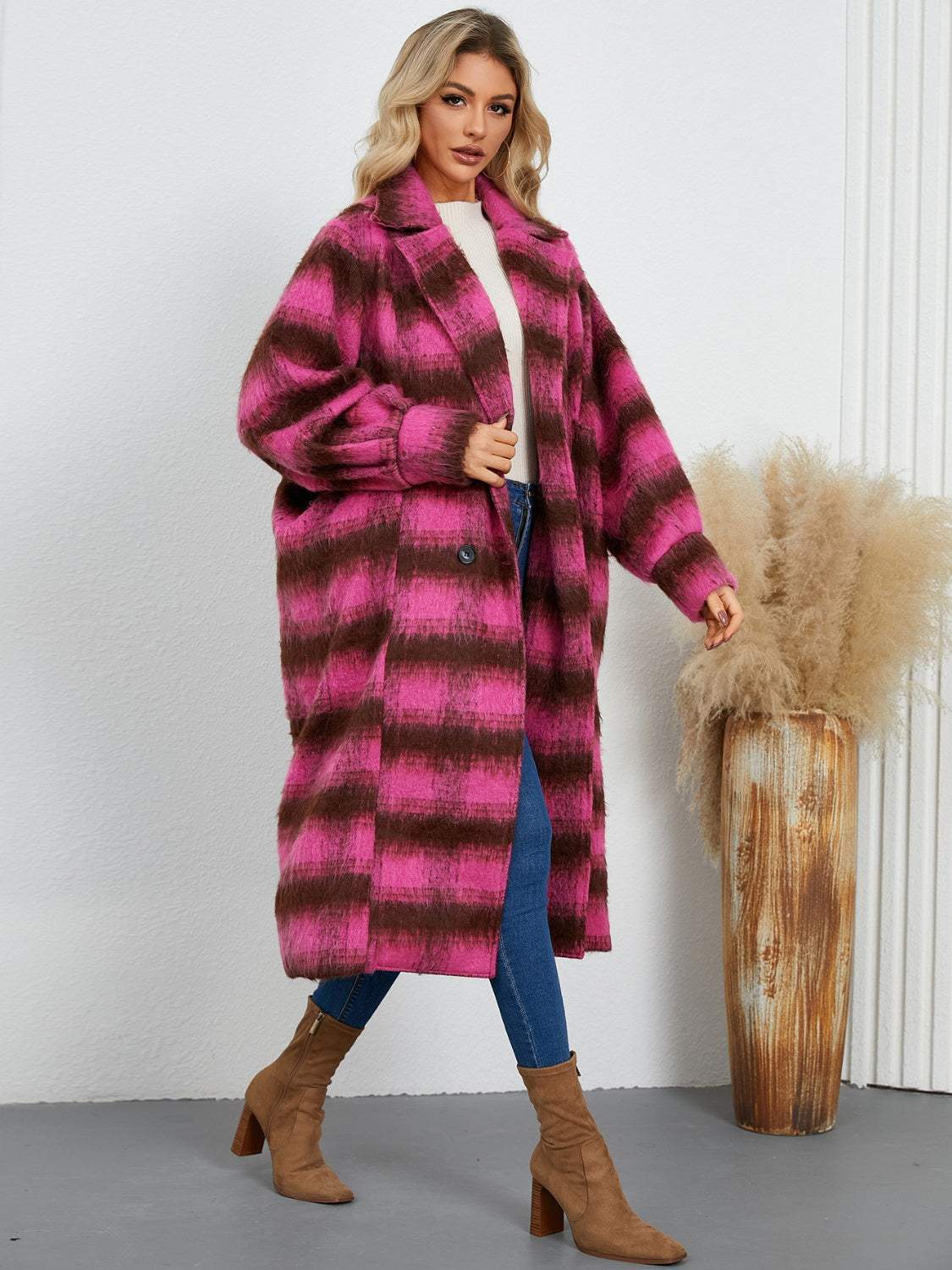 Contrast Double-Breasted Long Sleeve Longline Coat - Trendsi - Flyclothing LLC