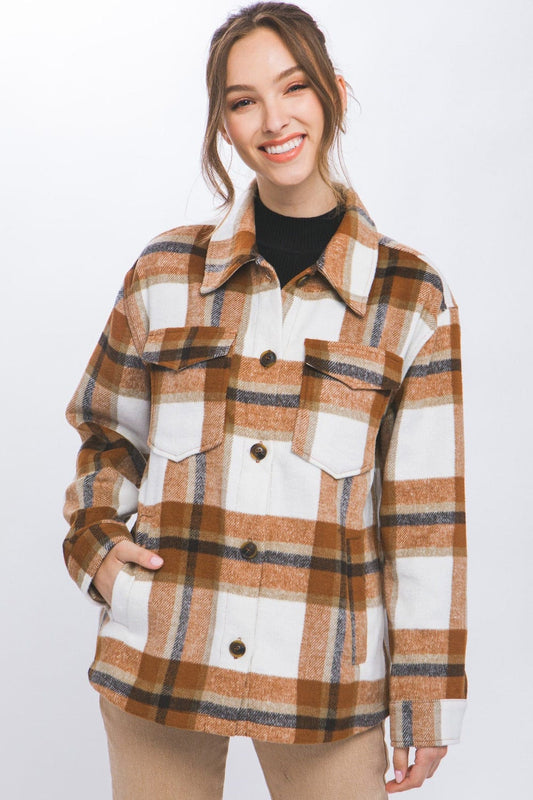 Love Tree Plaid Button Up Shacket - Trendsi