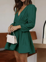 Ruched V-Neck Balloon Sleeve Mini Dress - Trendsi - Flyclothing LLC