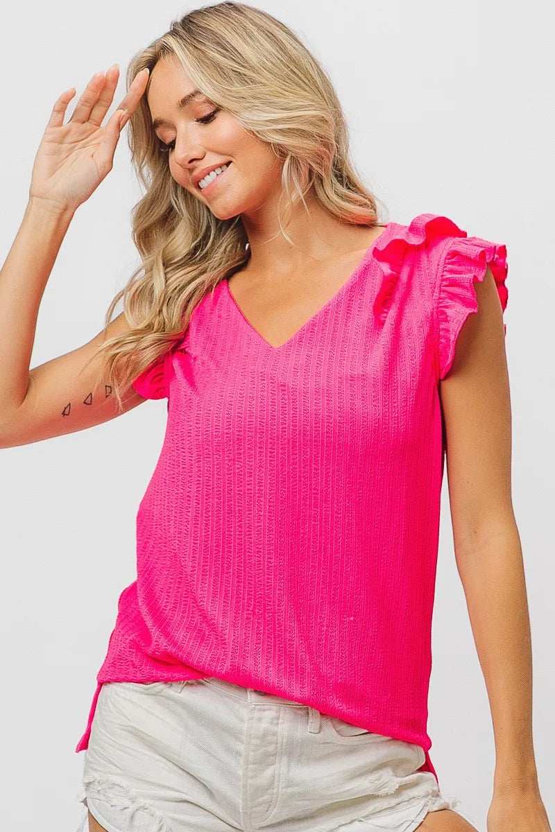 BiBi Layered Ruffles Armhole V-neck Rib Textured Top - Trendsi - Flyclothing LLC