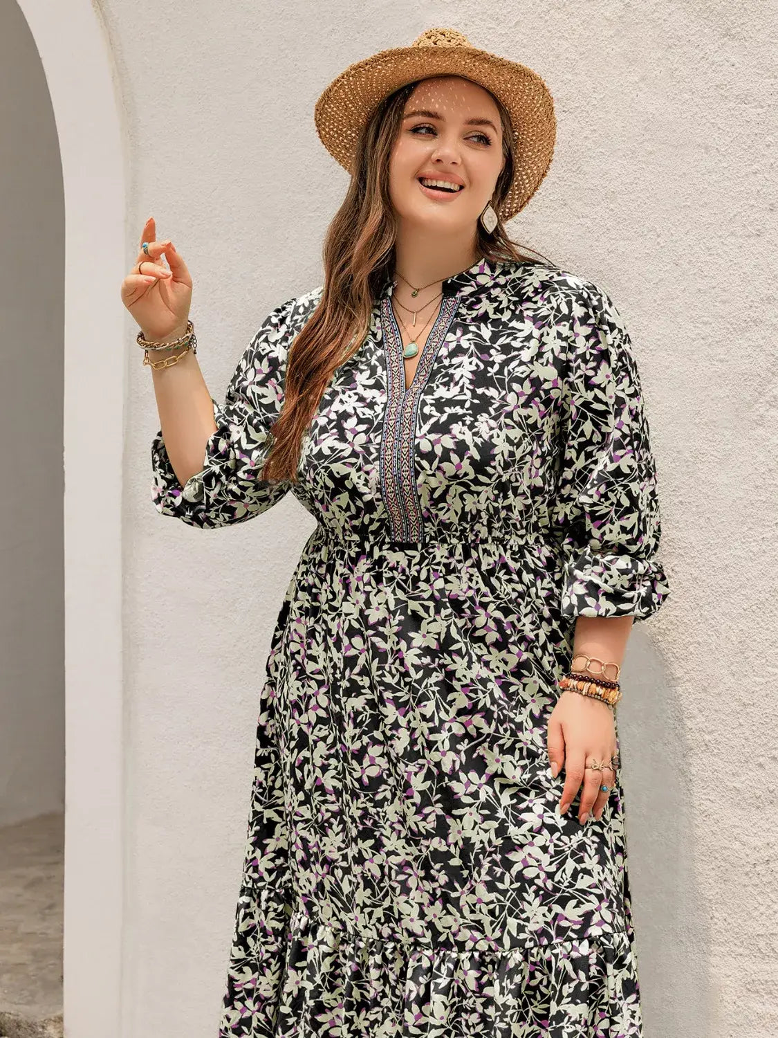 Plus Size Floral Print Long Sleeve Tiered Maxi Dress - Trendsi - Flyclothing LLC