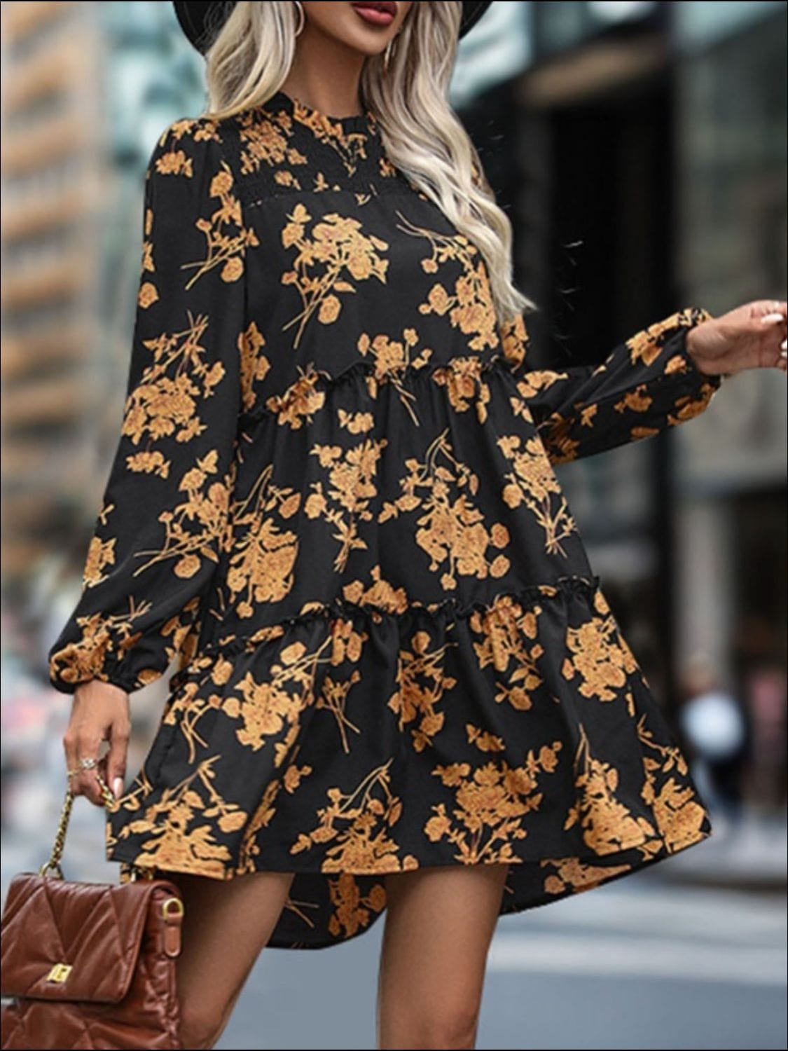 Frill Printed Long Sleeve Mini Dress - Trendsi