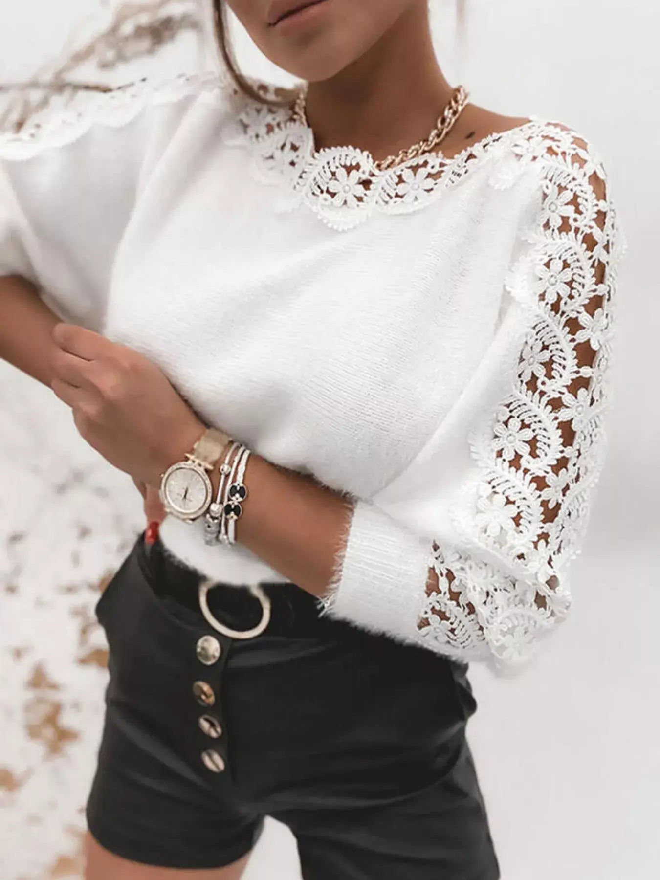 Lace Trim Round Neck Sweater - Trendsi - Flyclothing LLC