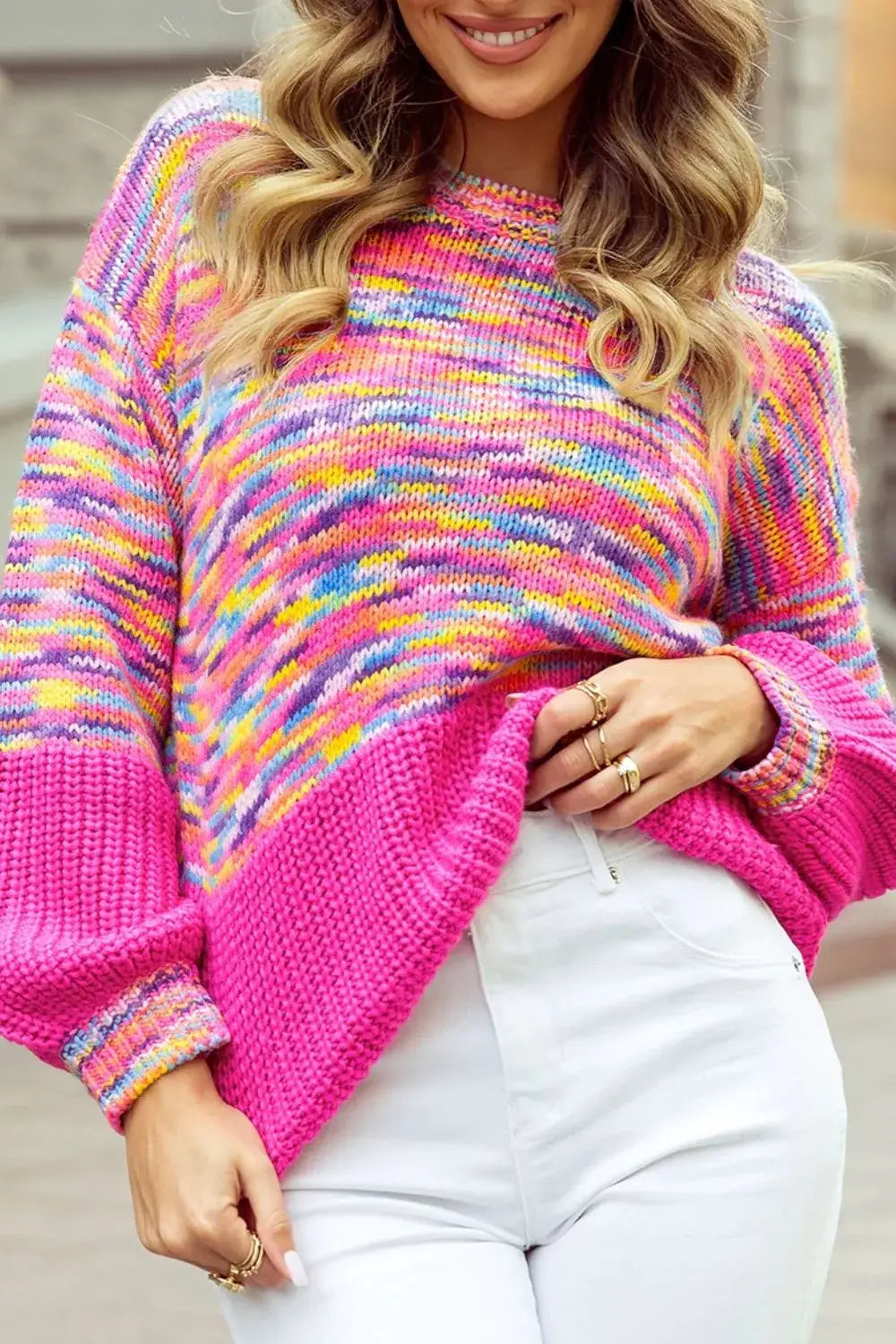 Colorful Knit Crew Neck Sweater - Trendsi - Flyclothing LLC