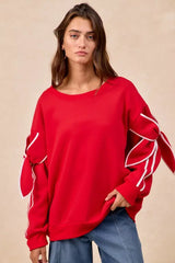 BiBi Bow Detail Sleeves Fleece Sweatshirt - Trendsi - Flyclothing LLC